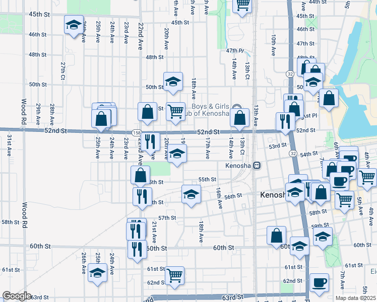 map of restaurants, bars, coffee shops, grocery stores, and more near 1814 54th Street in Kenosha