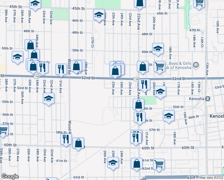 map of restaurants, bars, coffee shops, grocery stores, and more near 2514 54th Street in Kenosha