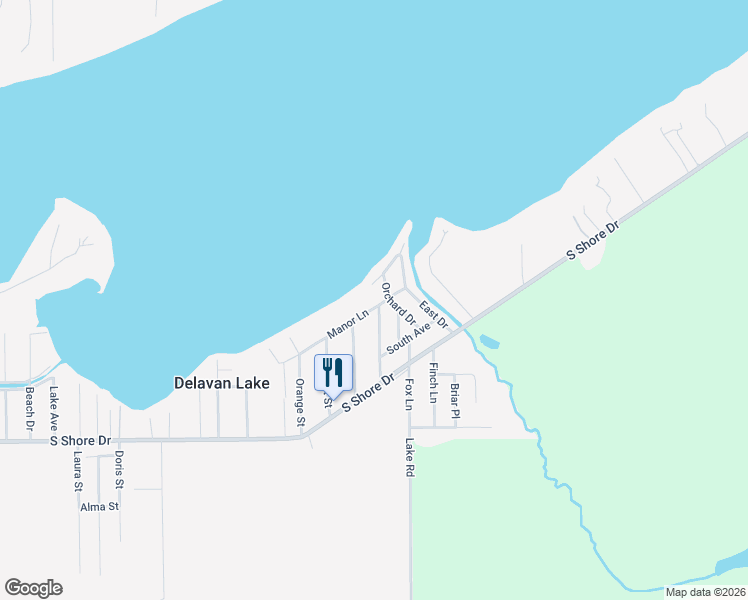 map of restaurants, bars, coffee shops, grocery stores, and more near 2502 Manor Lane in Delavan