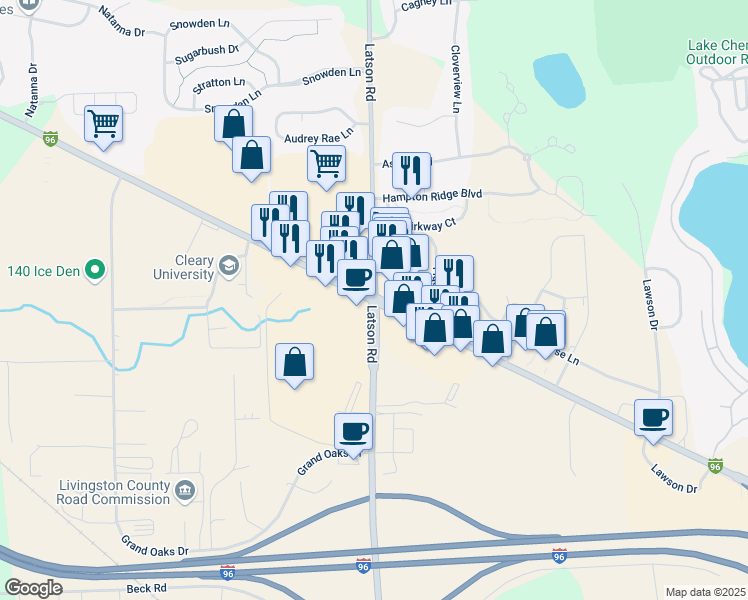 map of restaurants, bars, coffee shops, grocery stores, and more near E Grand River Ave & S Latson Rd in Livingston