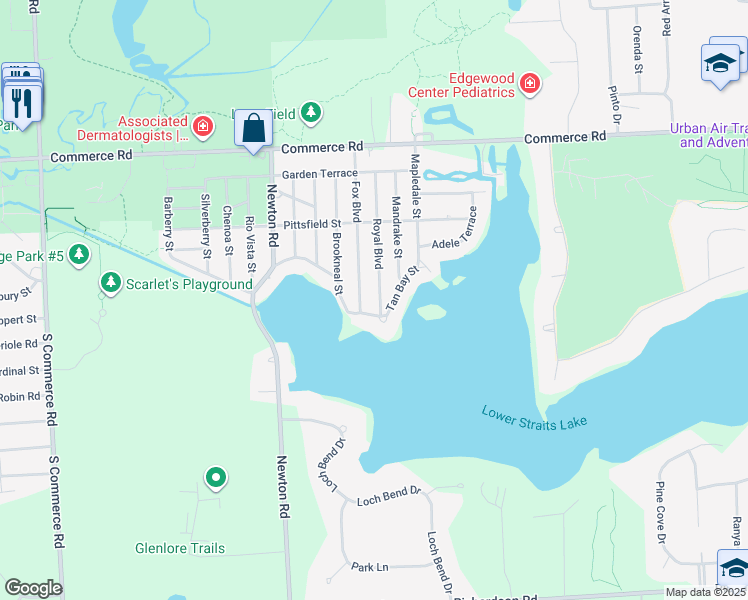 map of restaurants, bars, coffee shops, grocery stores, and more near 9306 Tan Bay Street in Commerce Charter Township