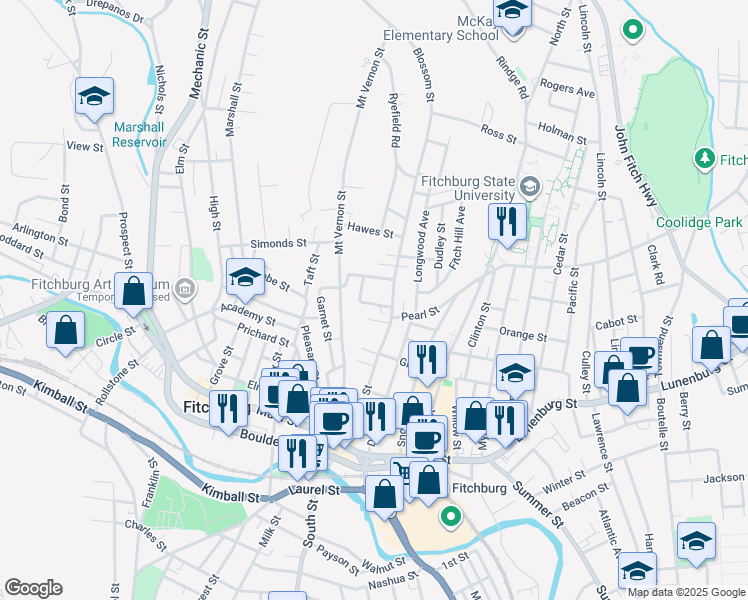 map of restaurants, bars, coffee shops, grocery stores, and more near 22 Gage Street in Fitchburg