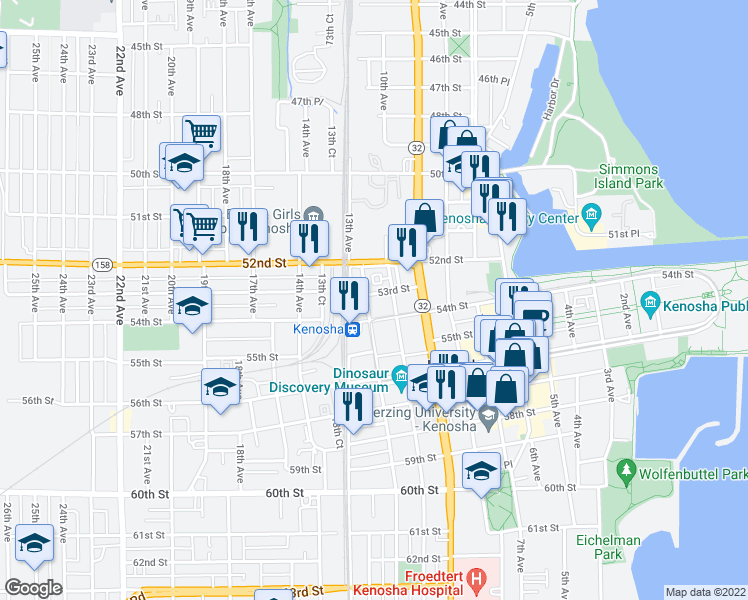 map of restaurants, bars, coffee shops, grocery stores, and more near 1023 53rd Street in Kenosha