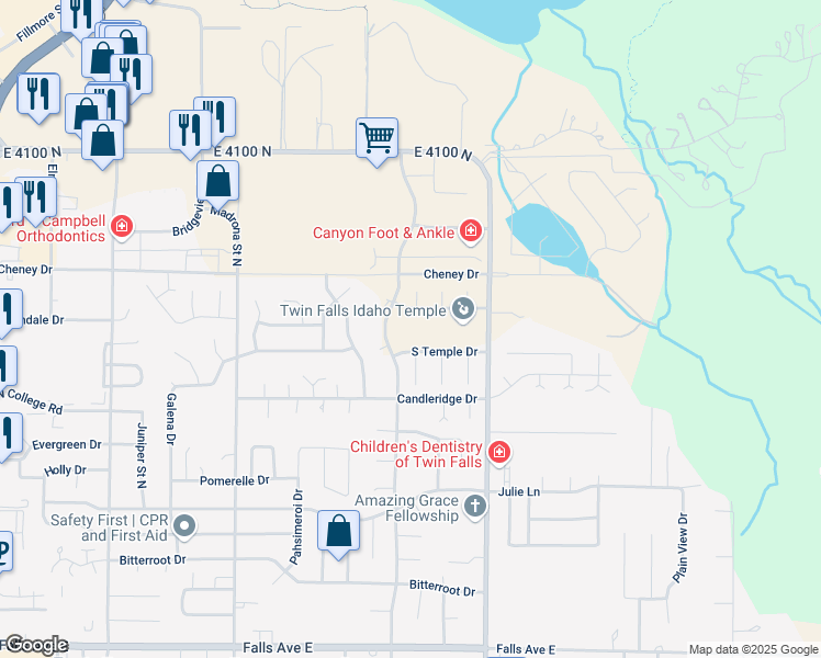 map of restaurants, bars, coffee shops, grocery stores, and more near 1410 Mountain View Drive in Twin Falls