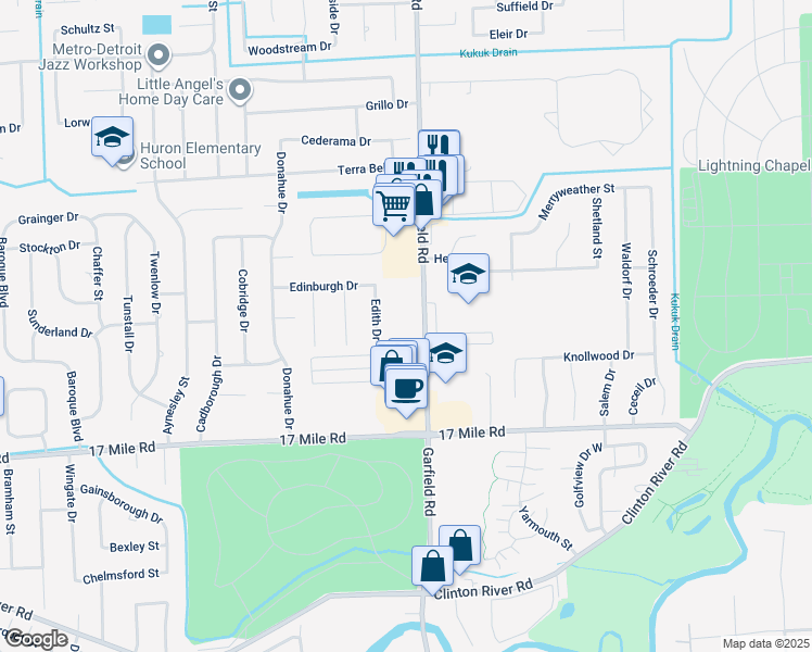 map of restaurants, bars, coffee shops, grocery stores, and more near 39425 Garfield Road in Clinton Township