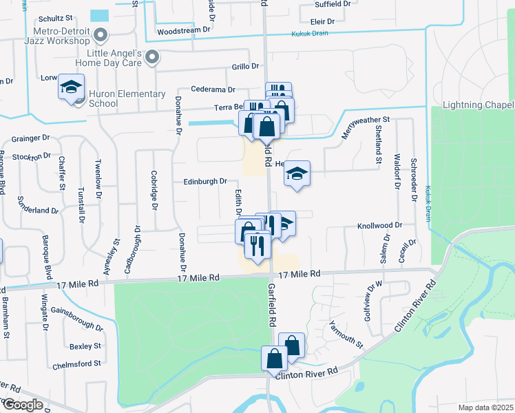 map of restaurants, bars, coffee shops, grocery stores, and more near 39425 Garfield Road in Clinton Township