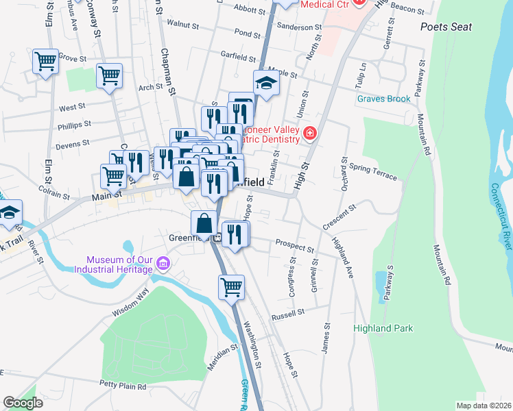 map of restaurants, bars, coffee shops, grocery stores, and more near 425 Main Street in Greenfield