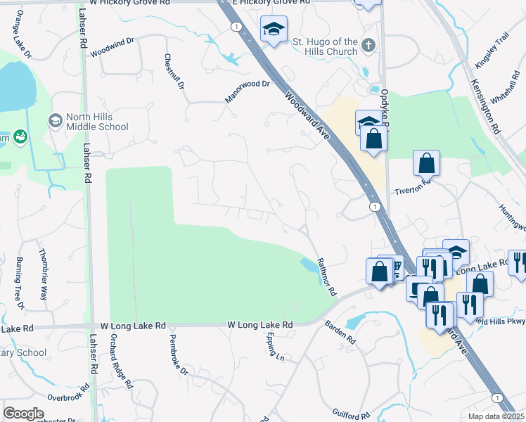 map of restaurants, bars, coffee shops, grocery stores, and more near Rathmor Road in Bloomfield Hills