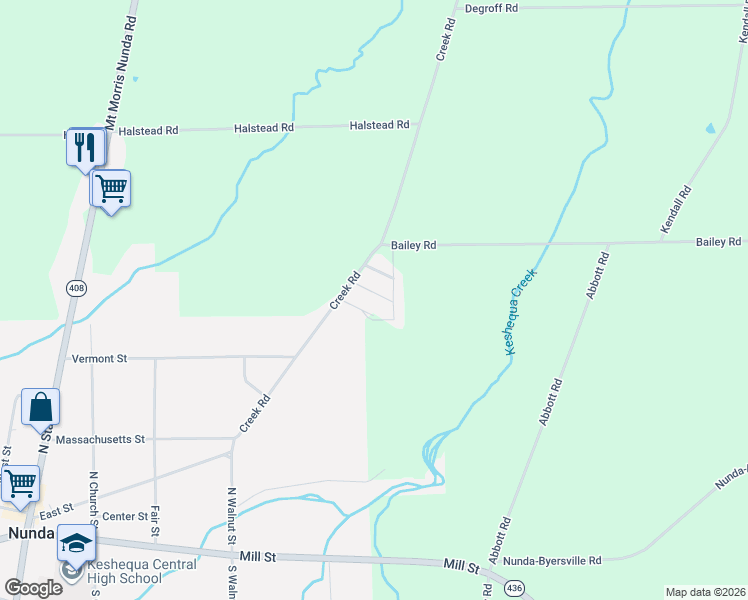map of restaurants, bars, coffee shops, grocery stores, and more near 2140 Hope Lane in Nunda