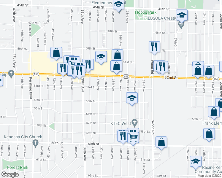 map of restaurants, bars, coffee shops, grocery stores, and more near 5302 35th Avenue in Kenosha