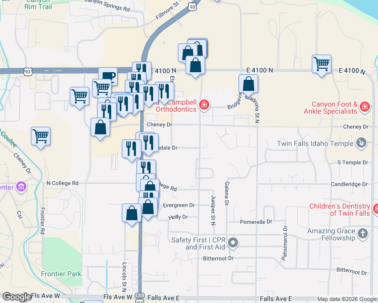 map of restaurants, bars, coffee shops, grocery stores, and more near 1420 Lawndale Drive in Twin Falls