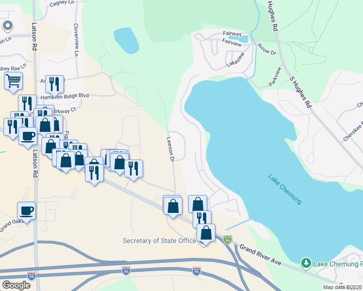 map of restaurants, bars, coffee shops, grocery stores, and more near 985 Lawson Drive in Howell