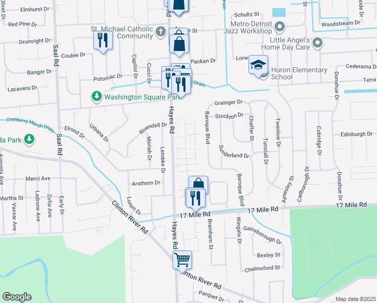 map of restaurants, bars, coffee shops, grocery stores, and more near 39443 Heatherheath Drive in Clinton Township