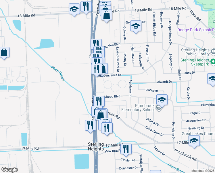 map of restaurants, bars, coffee shops, grocery stores, and more near 8130 Clay Court in Sterling Heights