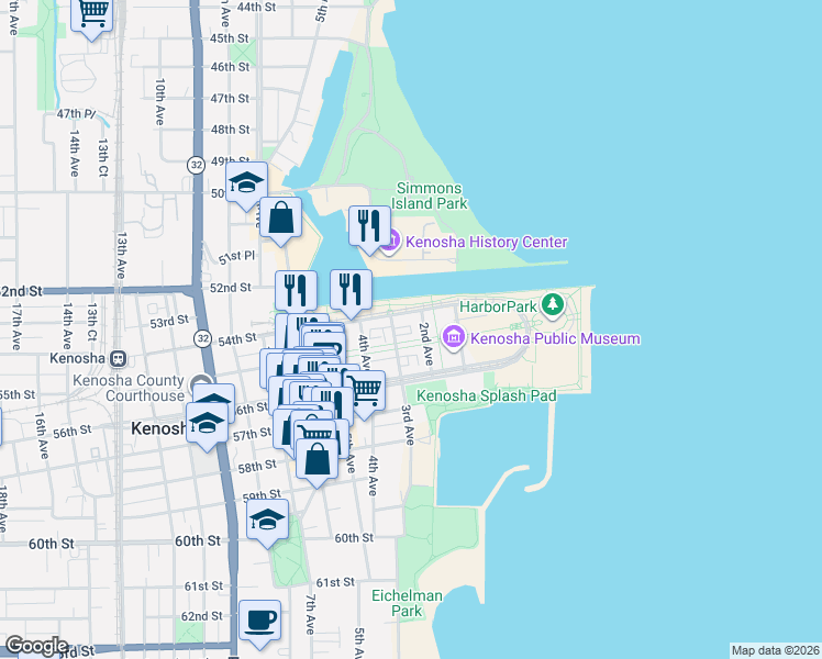 map of restaurants, bars, coffee shops, grocery stores, and more near 5524 2nd Avenue in Kenosha