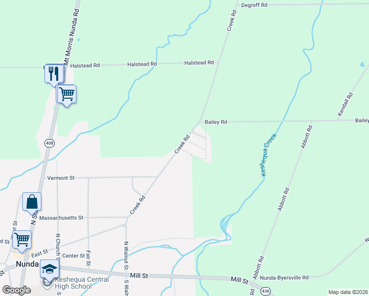 map of restaurants, bars, coffee shops, grocery stores, and more near 31 Creek Road in Nunda
