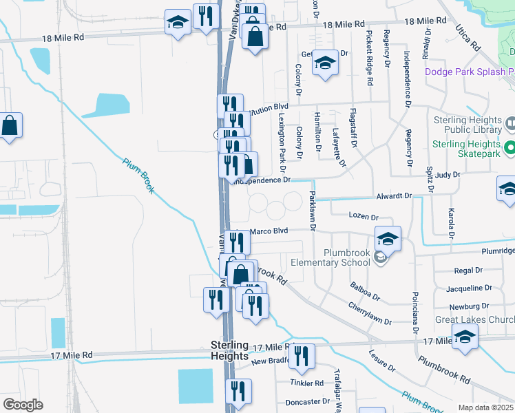 map of restaurants, bars, coffee shops, grocery stores, and more near 8130 Clay Court in Sterling Heights