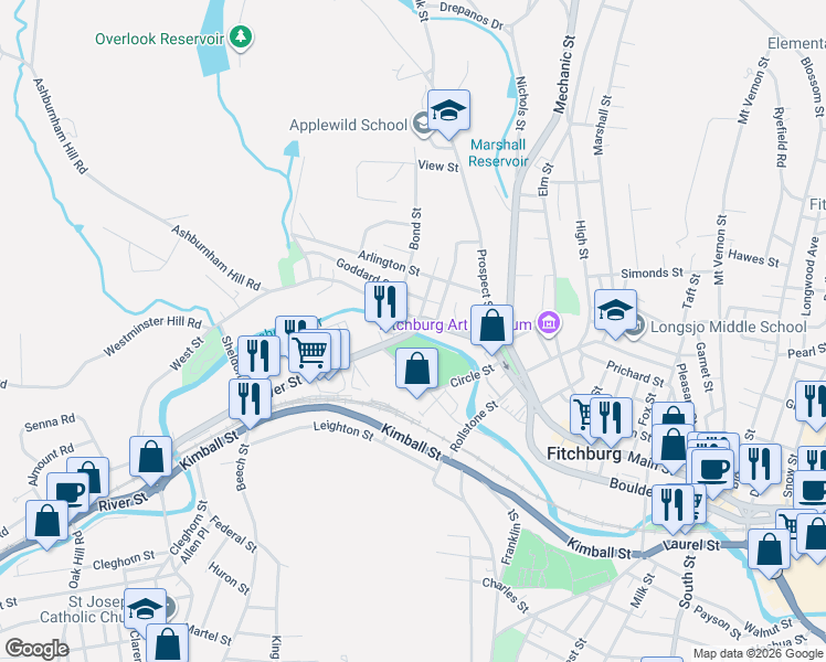 map of restaurants, bars, coffee shops, grocery stores, and more near 0 River Street in Fitchburg