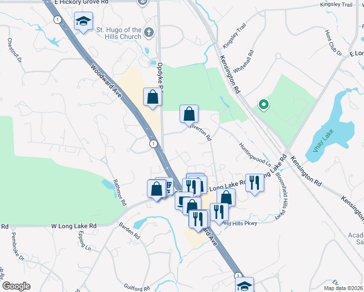 map of restaurants, bars, coffee shops, grocery stores, and more near 40760 Woodward Avenue in Bloomfield Hills