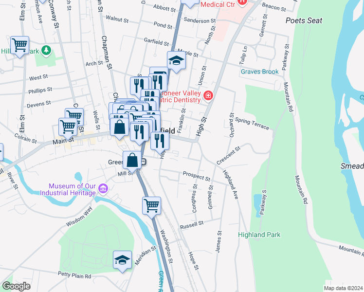 map of restaurants, bars, coffee shops, grocery stores, and more near 463 Main Street in Greenfield