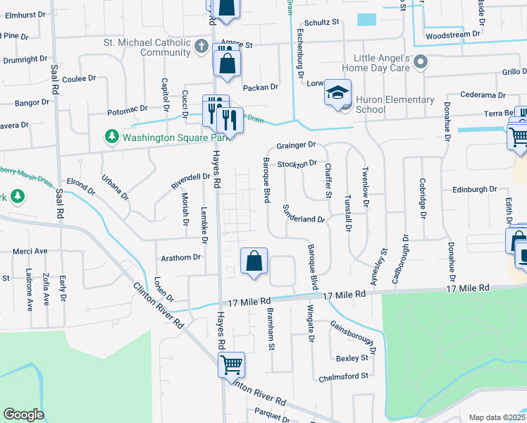 map of restaurants, bars, coffee shops, grocery stores, and more near 39484 Old Dominion Drive in Clinton Township