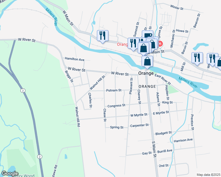map of restaurants, bars, coffee shops, grocery stores, and more near 97 Putnam Street in Orange