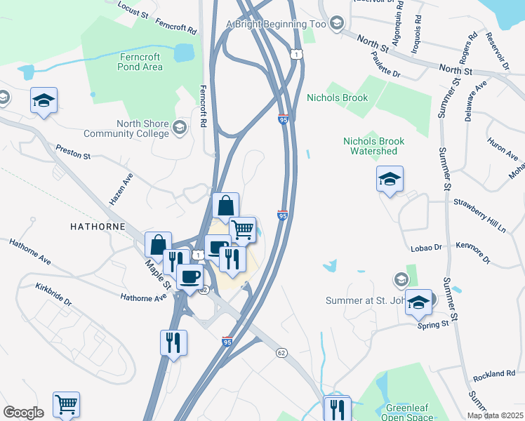 map of restaurants, bars, coffee shops, grocery stores, and more near 108 Conifer Hill Drive in Danvers