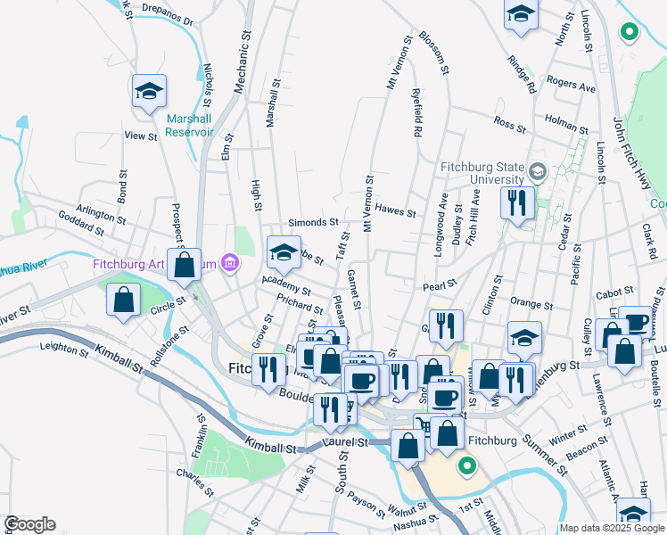 map of restaurants, bars, coffee shops, grocery stores, and more near 102 Pleasant Street in Fitchburg