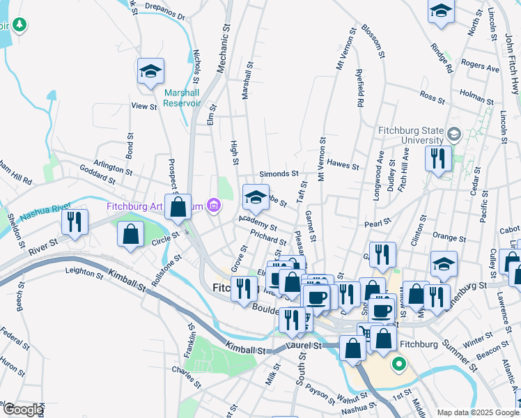 map of restaurants, bars, coffee shops, grocery stores, and more near 98 Academy Street in Fitchburg