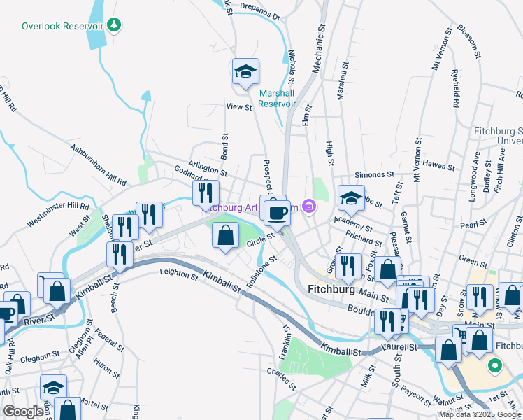 map of restaurants, bars, coffee shops, grocery stores, and more near 958-960 Main Street in Fitchburg