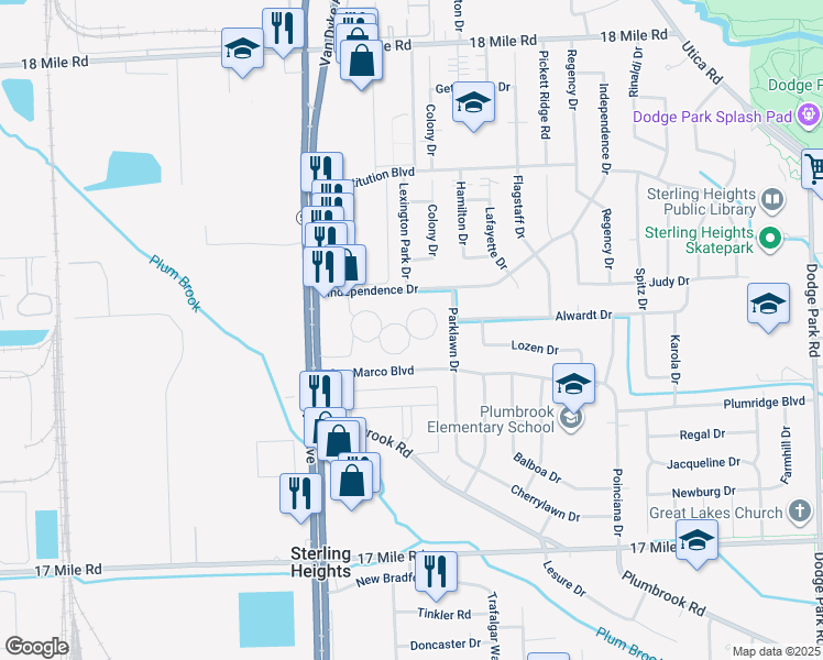 map of restaurants, bars, coffee shops, grocery stores, and more near 8311 Clay Court in Sterling Heights