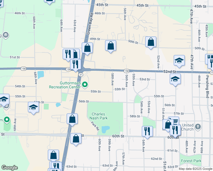 map of restaurants, bars, coffee shops, grocery stores, and more near 5810 55th Street in Kenosha