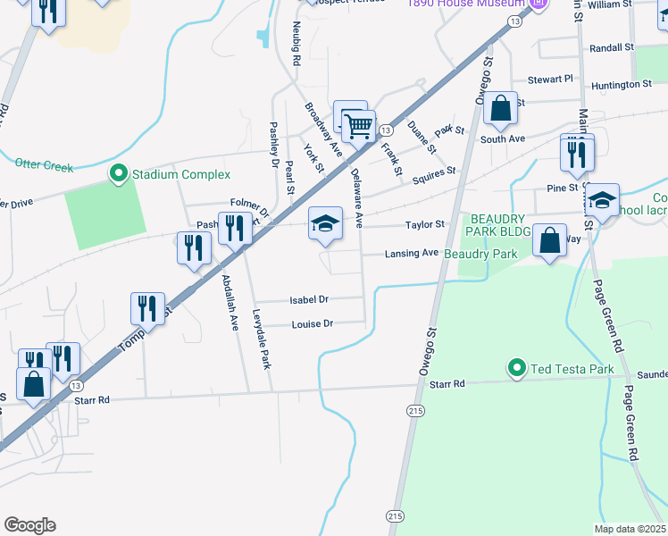 map of restaurants, bars, coffee shops, grocery stores, and more near 1253 Isabel Drive in Cortland