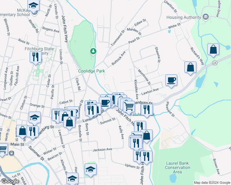 map of restaurants, bars, coffee shops, grocery stores, and more near 276 Lunenburg Street in Fitchburg