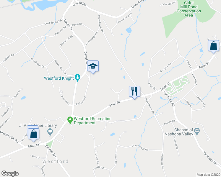 map of restaurants, bars, coffee shops, grocery stores, and more near 2 Lawton Avenue in Westford