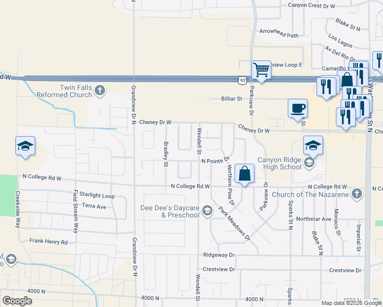 map of restaurants, bars, coffee shops, grocery stores, and more near 727 North Pointe Drive in Twin Falls