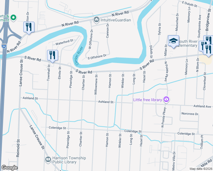 map of restaurants, bars, coffee shops, grocery stores, and more near 39151 Hamon Street in Harrison Township