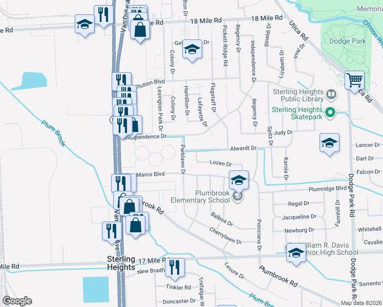 map of restaurants, bars, coffee shops, grocery stores, and more near 39835 Parklawn Drive in Sterling Heights