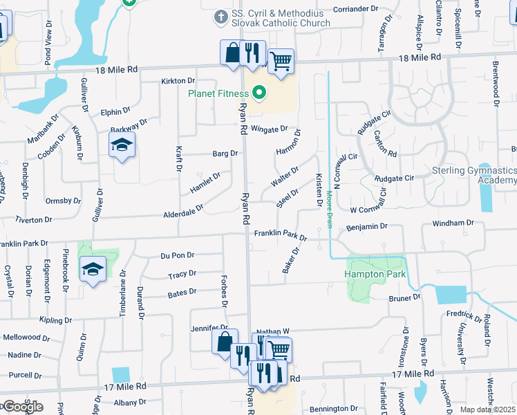 map of restaurants, bars, coffee shops, grocery stores, and more near 4038 Chapman Drive in Sterling Heights