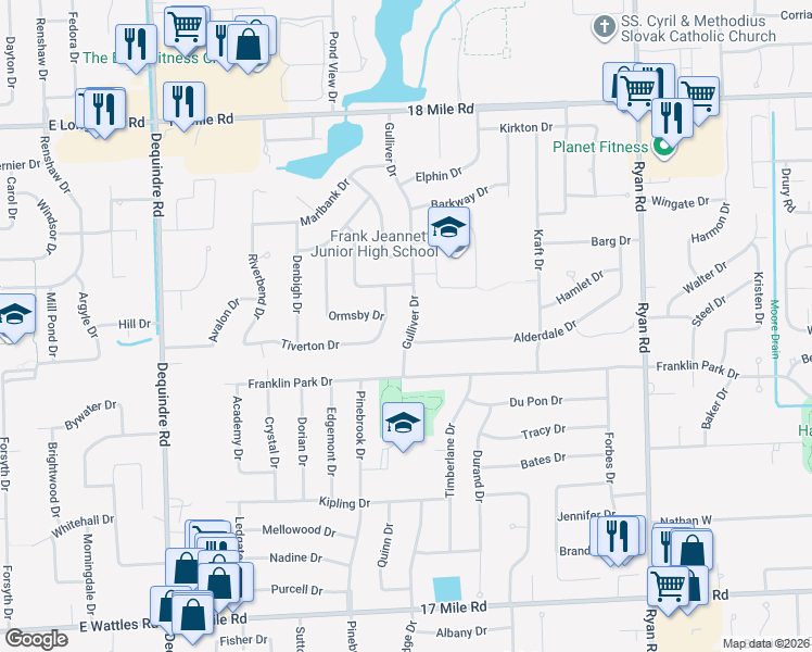 map of restaurants, bars, coffee shops, grocery stores, and more near 40019 Gulliver Drive in Sterling Heights