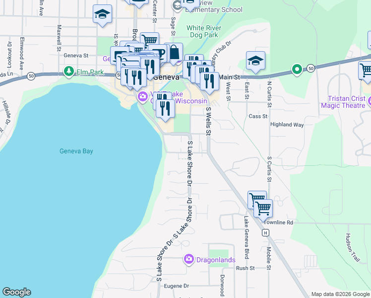 map of restaurants, bars, coffee shops, grocery stores, and more near 517 Seaver Lane in Lake Geneva