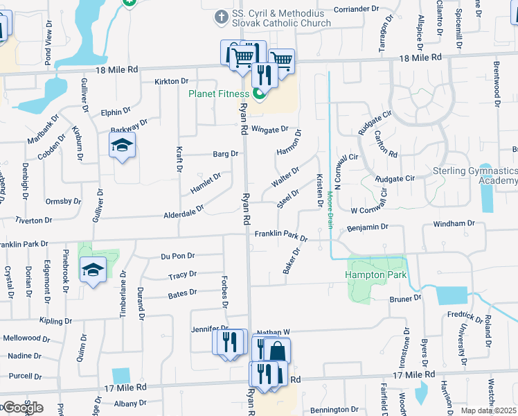 map of restaurants, bars, coffee shops, grocery stores, and more near 40050 Ryan Road in Sterling Heights