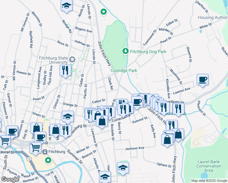 map of restaurants, bars, coffee shops, grocery stores, and more near 91 Townsend Street in Fitchburg