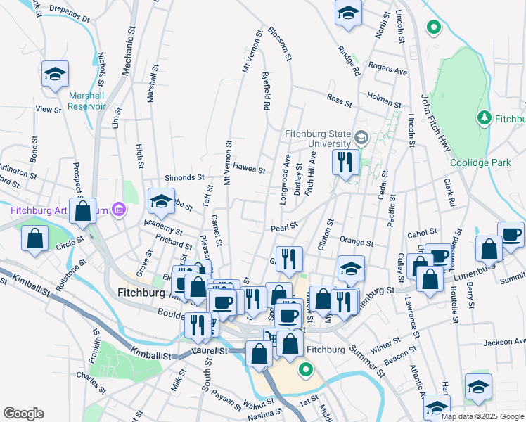 map of restaurants, bars, coffee shops, grocery stores, and more near 167 Blossom Street in Fitchburg