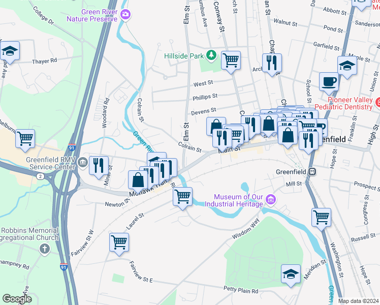 map of restaurants, bars, coffee shops, grocery stores, and more near 15-21 Massachusetts 2A in Greenfield