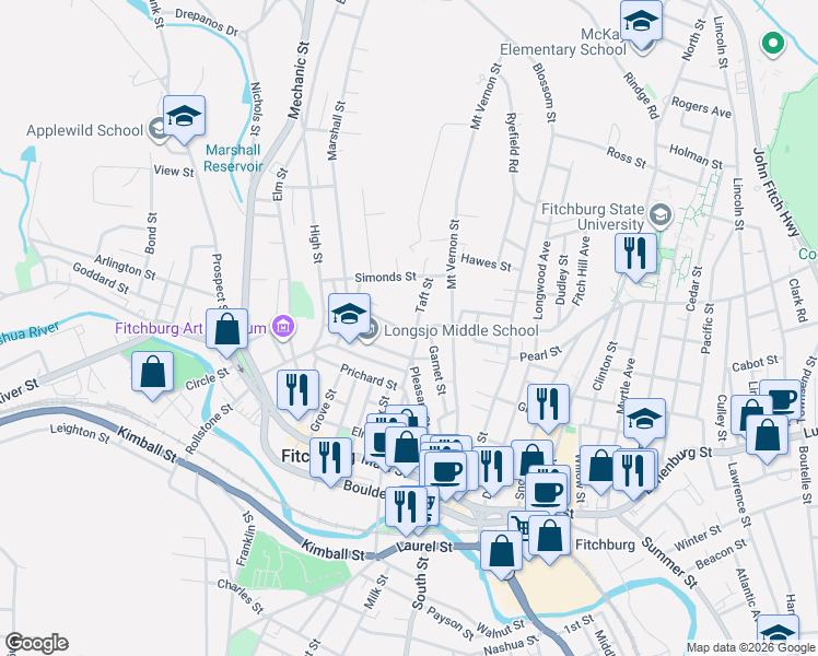 map of restaurants, bars, coffee shops, grocery stores, and more near 102 Pleasant Street in Fitchburg