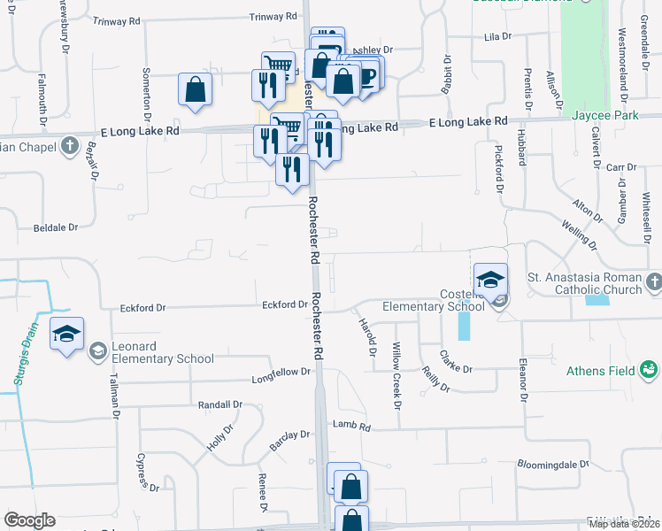 map of restaurants, bars, coffee shops, grocery stores, and more near 4629 Bradley Circle in Troy