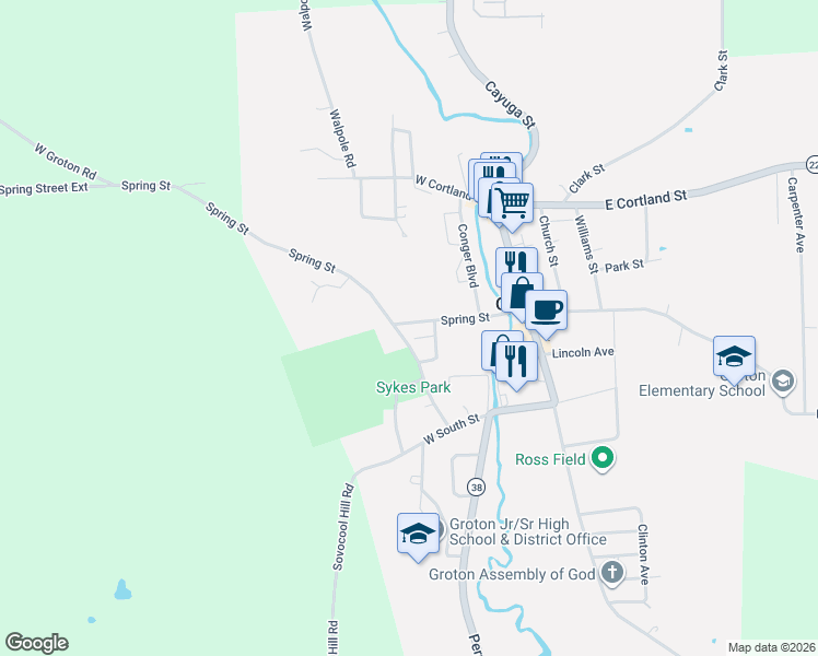 map of restaurants, bars, coffee shops, grocery stores, and more near 204 Sykes St in Groton