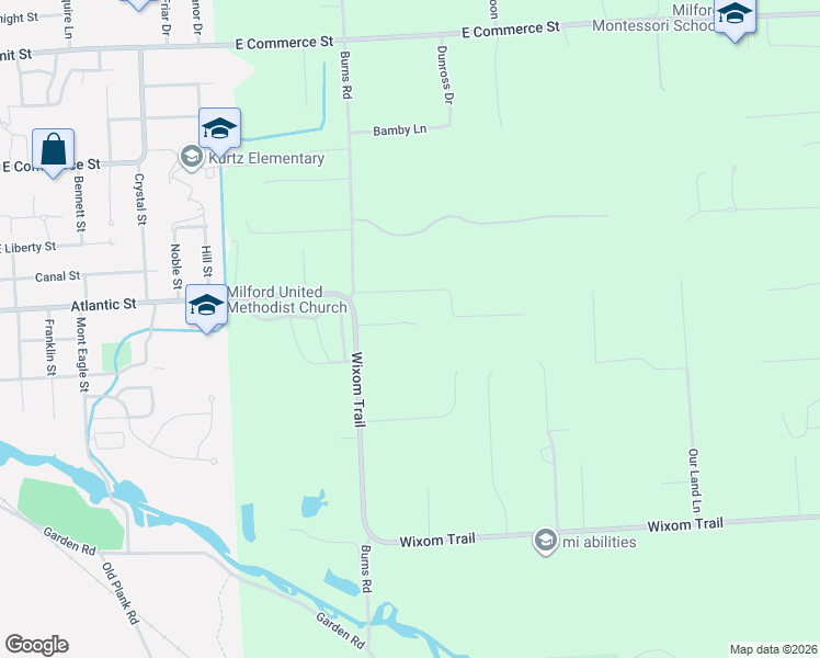 map of restaurants, bars, coffee shops, grocery stores, and more near 1605 Wixom Trail in Milford Charter Township