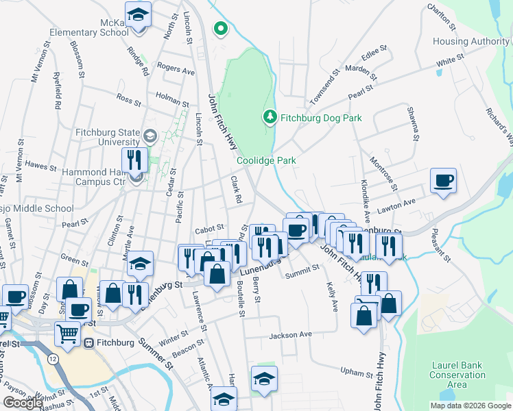 map of restaurants, bars, coffee shops, grocery stores, and more near 91 Townsend Street in Fitchburg